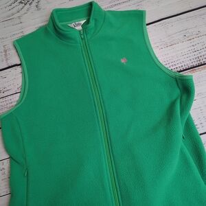 Lilly Pulitzer Green Vest Womens Large Fleece Full Zip Pockets Pink Palm Tree
